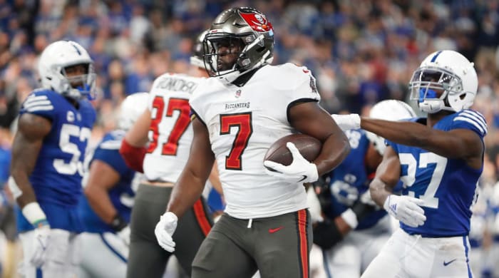 Tampa Bay Buccaneers running back Leonard Fournette (7) after a touchdown, Sunday, Nov. 28, 2021, during a game against the Tampa Bay Buccaneers at Lucas Oil Stadium in Indianapolis.